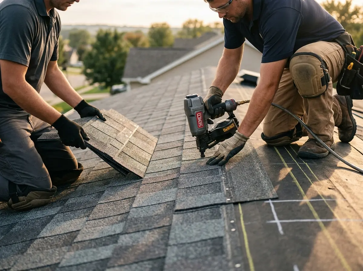 Professional roofer working on a residential roof in Cape Elizabeth